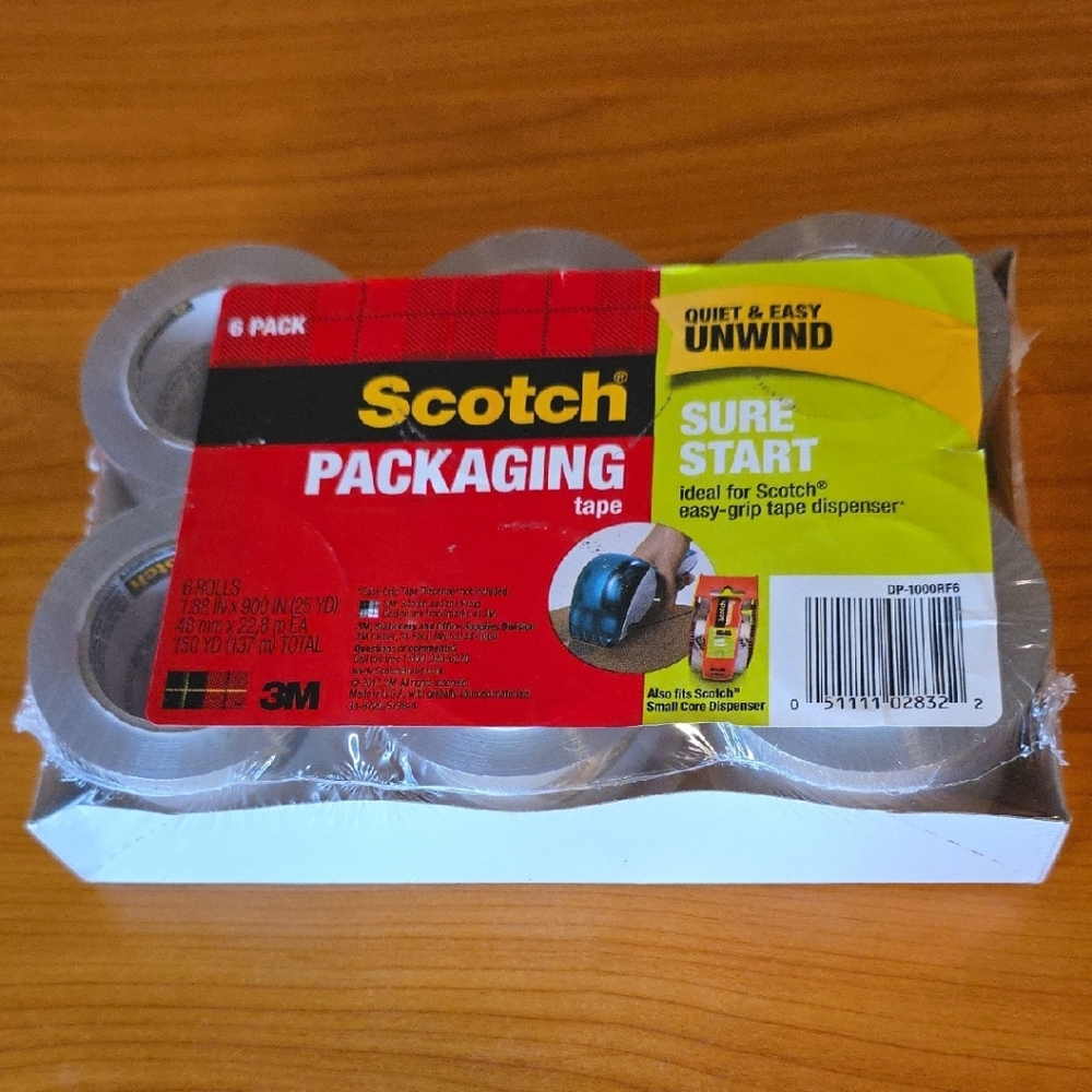 Scotch 6pk 3M Clear Shipping Packaging Sure Start Tape 1.88”x 900” (25Yd)/Roll
